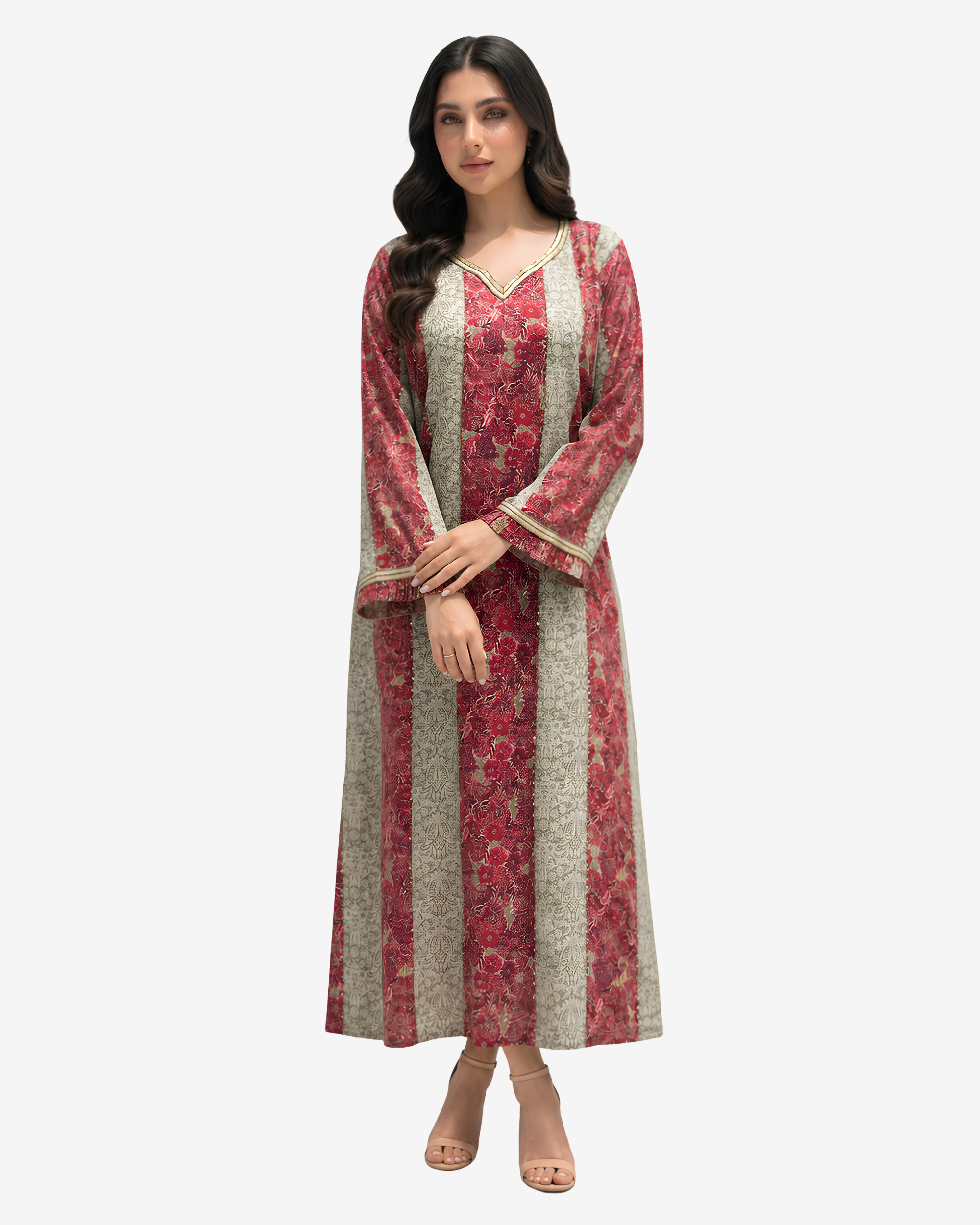 Luxury Ruby Tapestry cotton jalabiya with hand embellished V-neckline, floral stripe pattern and flowing modest silhouette by Gharza Couture.