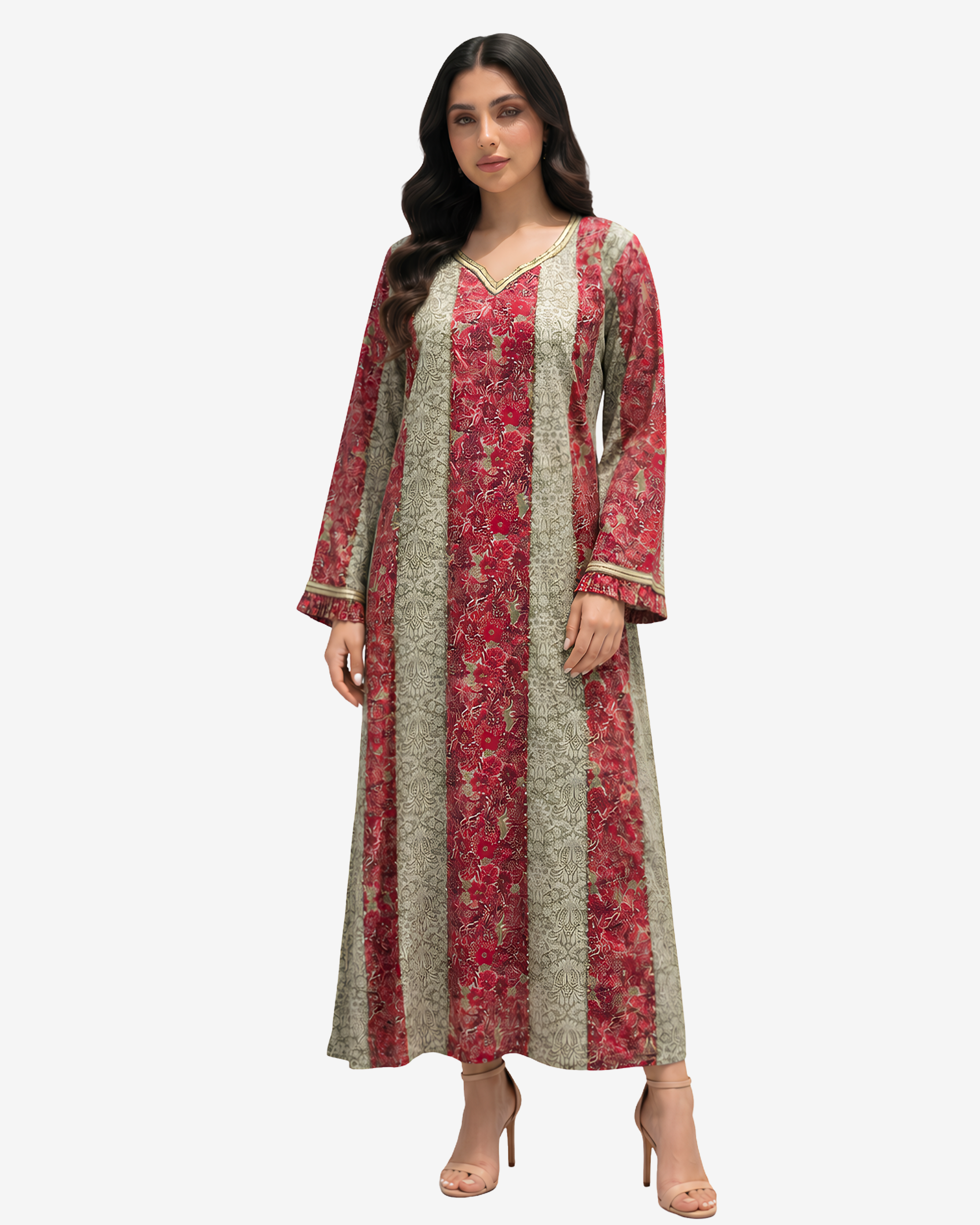 Side view of the Ruby Tapestry Hand Embellished Cotton Jalabiya highlighting handcrafted embellishment, floral panels and graceful modest style.