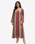 Side view of the Ruby Tapestry Hand Embellished Cotton Jalabiya highlighting handcrafted embellishment, floral panels and graceful modest style.
