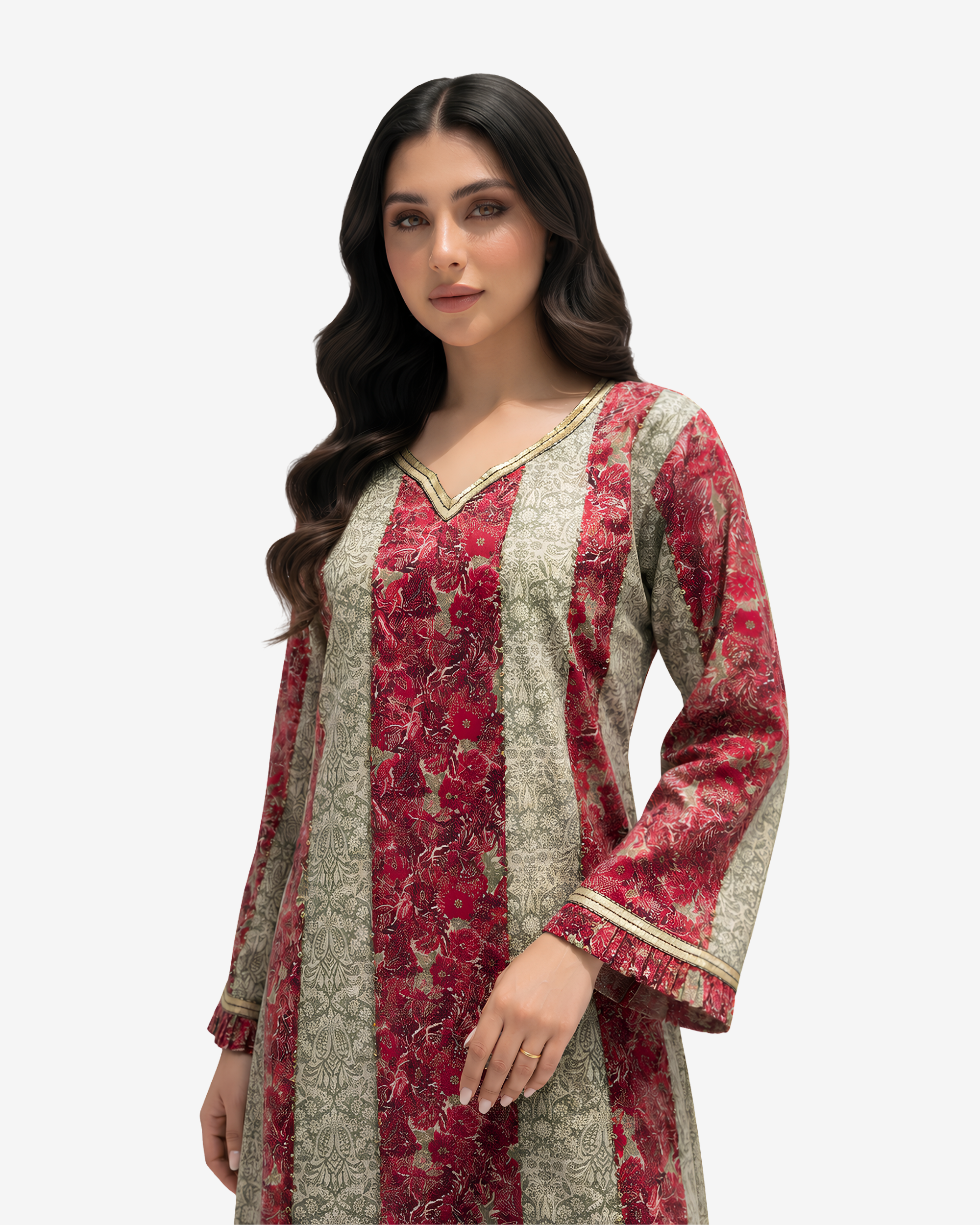 Close-up of the Ruby Tapestry Hand Embellished Cotton Jalabiya featuring handcrafted neckline embellishment, premium cotton fabric and intricate floral print.