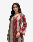 Close-up of the Ruby Tapestry Hand Embellished Cotton Jalabiya featuring handcrafted neckline embellishment, premium cotton fabric and intricate floral print.