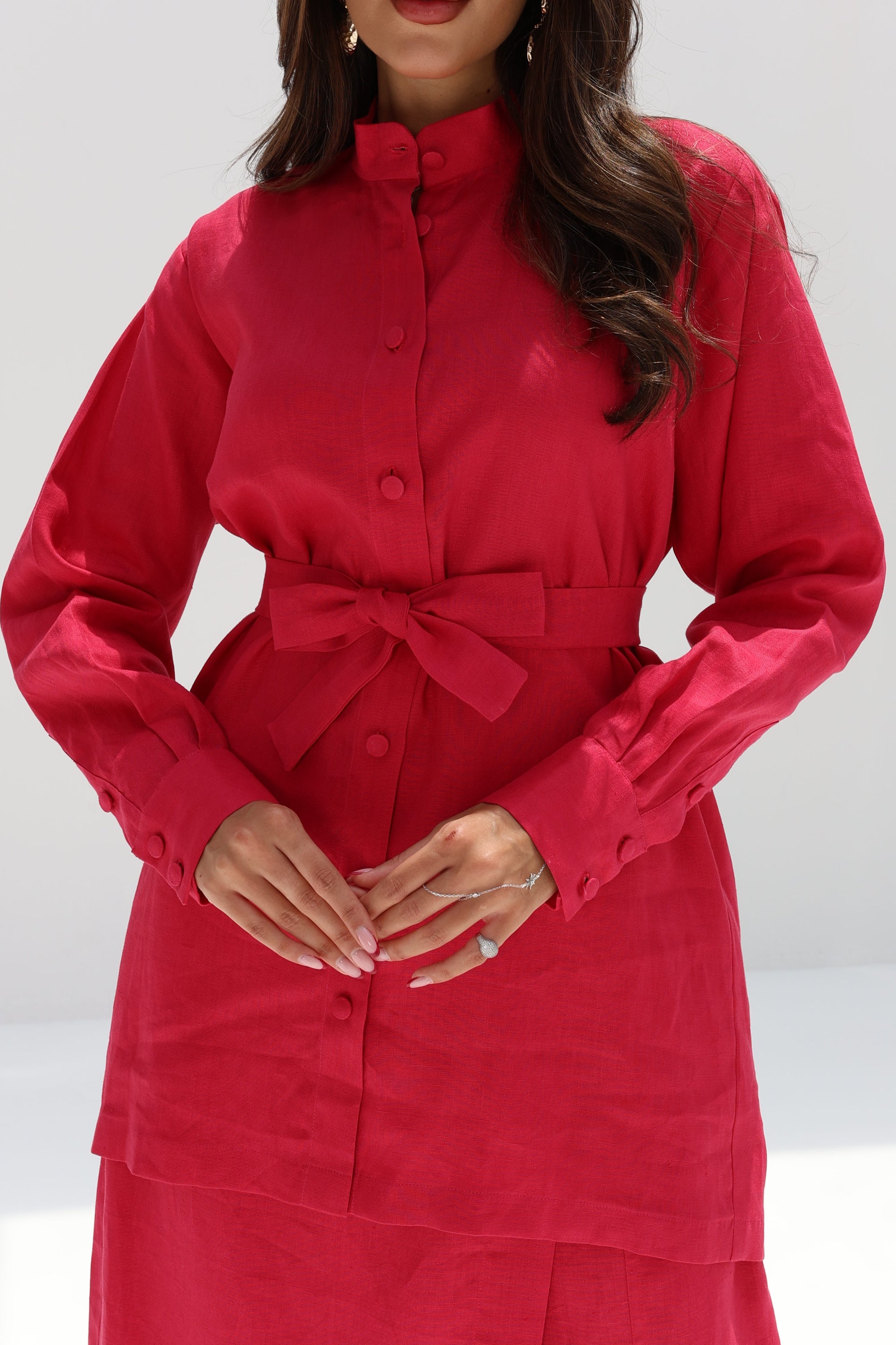 Close-up of Ruby Essence Linen Blend Co-ord Set featuring a mandarin collar, button-front design, and premium linen blend fabric.