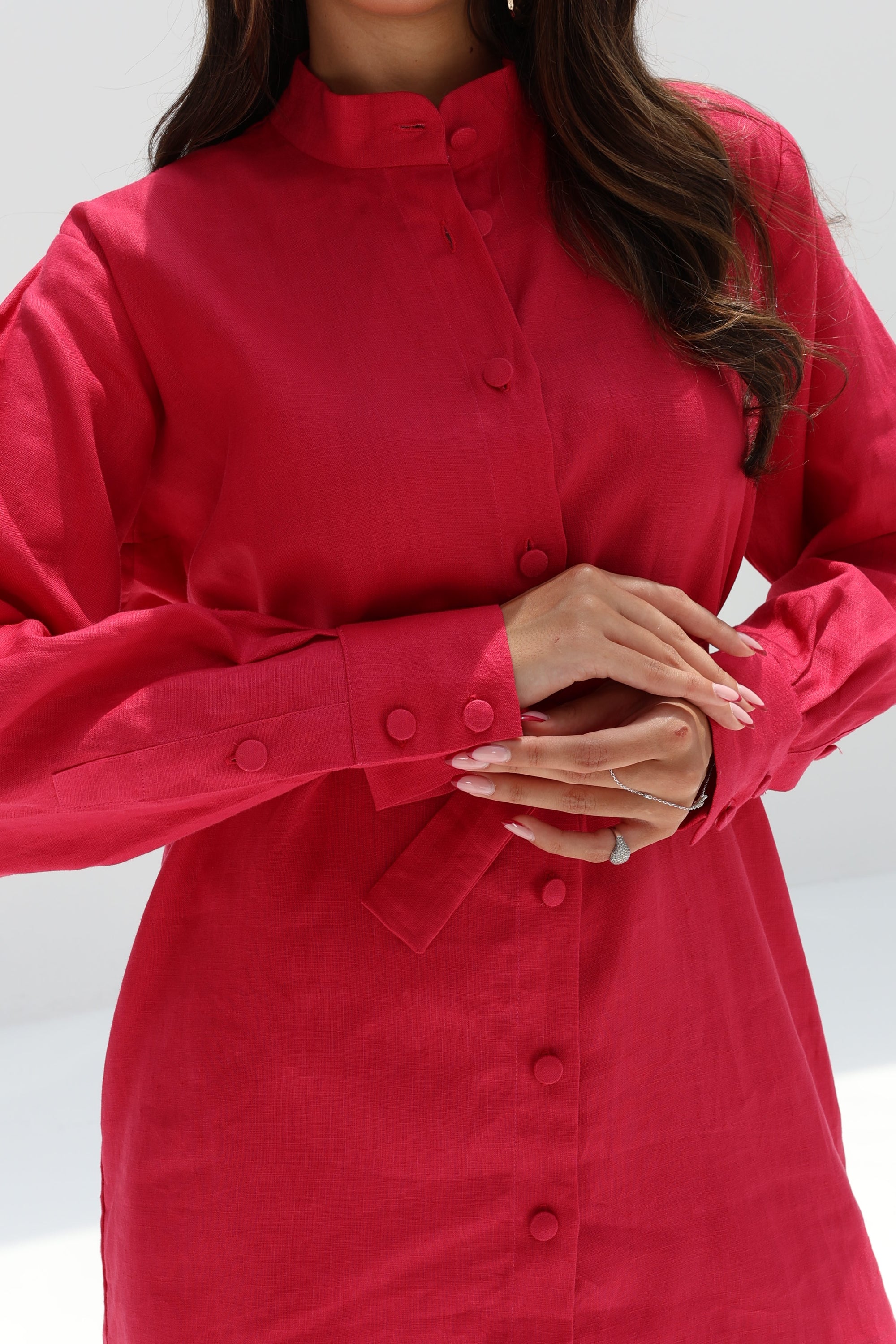 Close-up of the detachable waist belt on the Ruby Essence Linen Blend Co-ord Set by Gharza Couture.