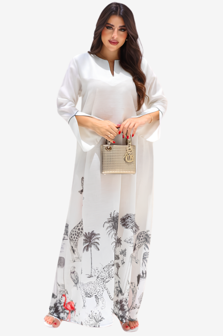 Safari Toile Embellished Hem Linen Blend Jalabiya with handcrafted embellished safari hem