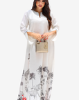Safari Toile Embellished Hem Linen Blend Jalabiya with handcrafted embellished safari hem