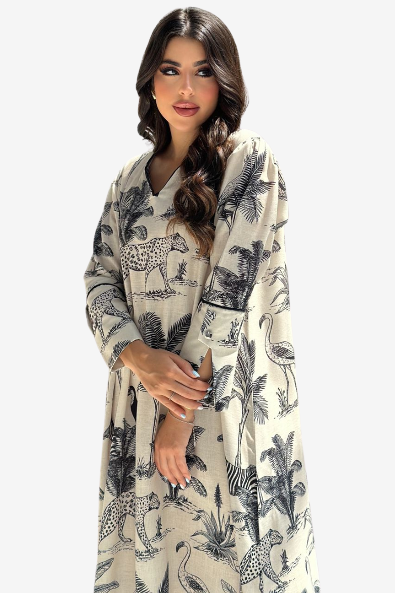 Safari Toile Notched Neck Linen Blend Jalabiya front view