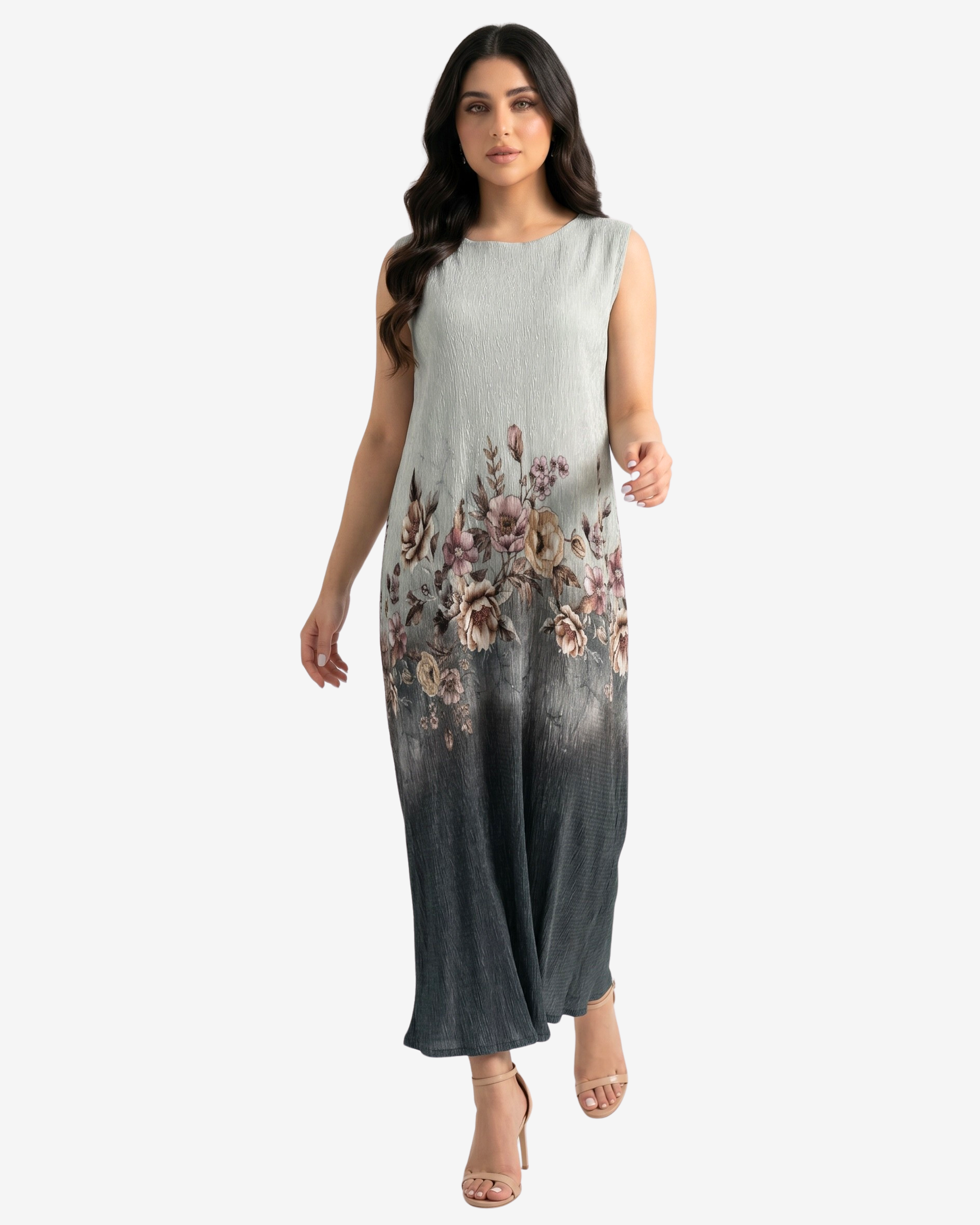 Sage Blossom Velvet Satin Dress by Gharza Couture featuring a sleeveless floral design with a soft sage green ombré finish.