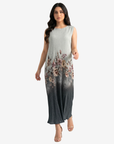 Sage Blossom Velvet Satin Dress by Gharza Couture featuring a sleeveless floral design with a soft sage green ombré finish.