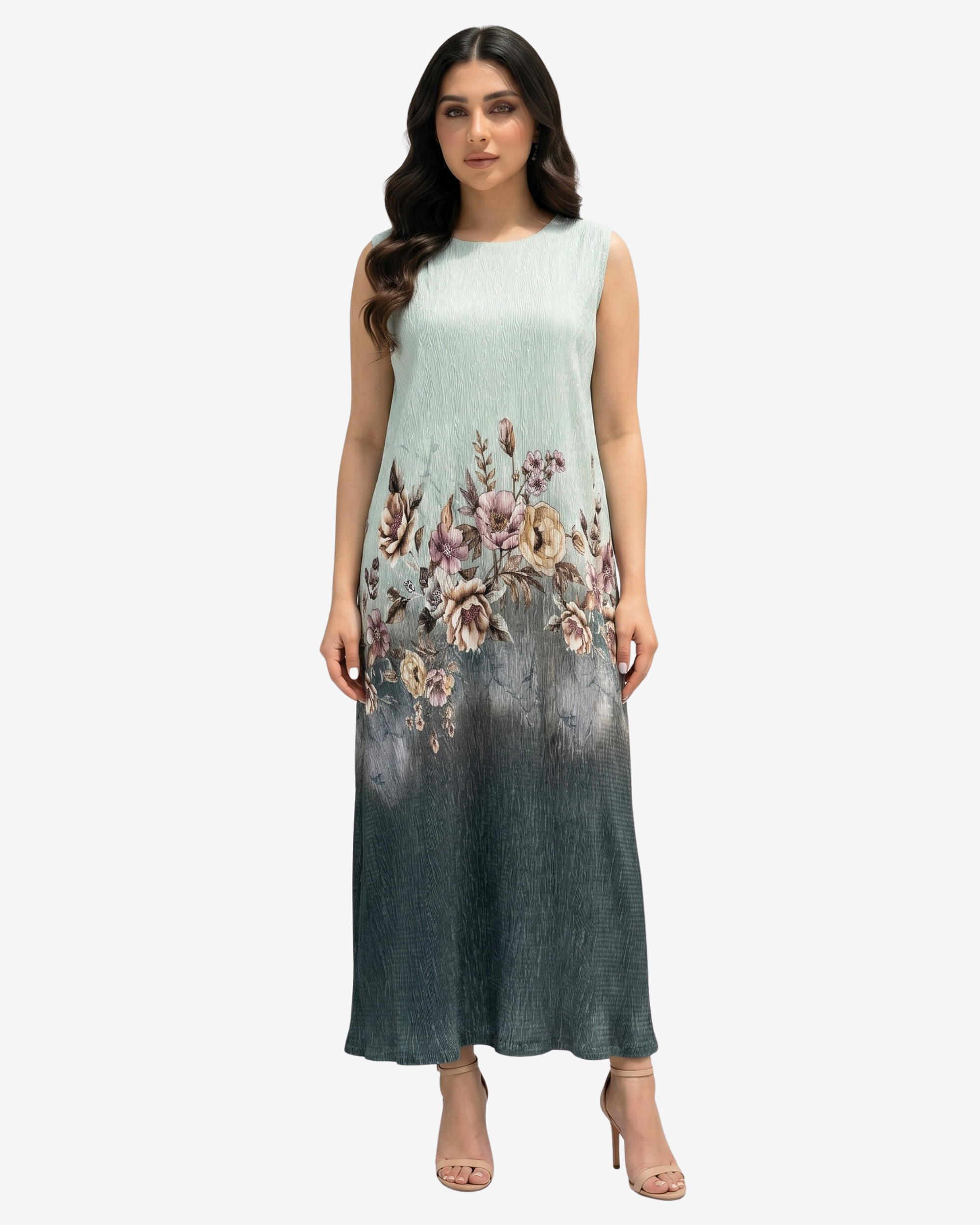 Front view of the Sage Blossom Velvet Satin Dress showcasing the elegant floral print and flowing maxi silhouette.