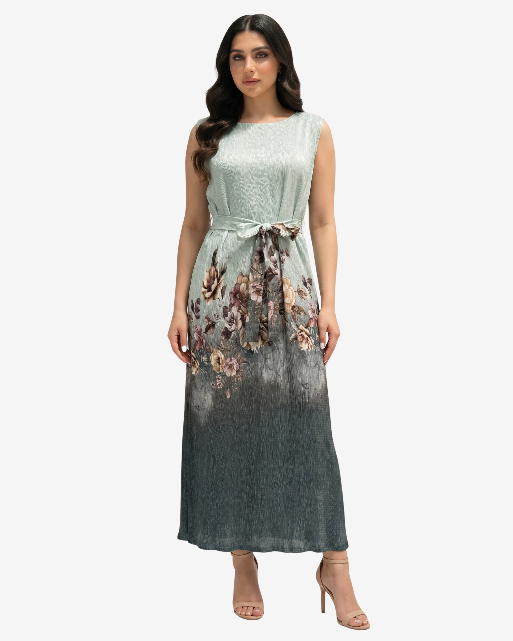 Sage Blossom Belted Velvet Satin Dress with a detachable waist belt and luxurious floral design by Gharza Couture.