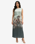 Sage Blossom Belted Velvet Satin Dress with a detachable waist belt and luxurious floral design by Gharza Couture.