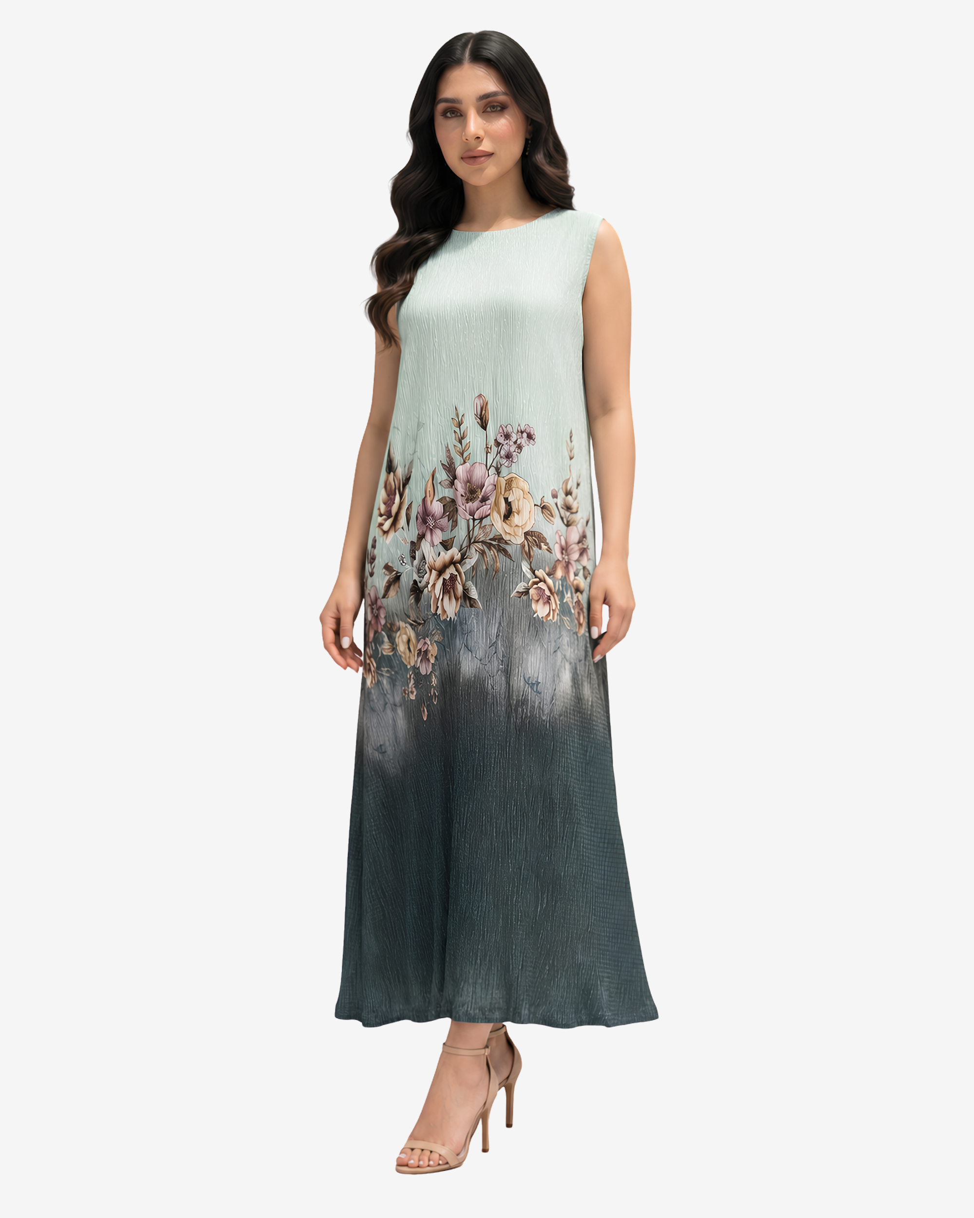 Walking view of the Sage Blossom Velvet Satin Dress highlighting the graceful drape and floral artwork.