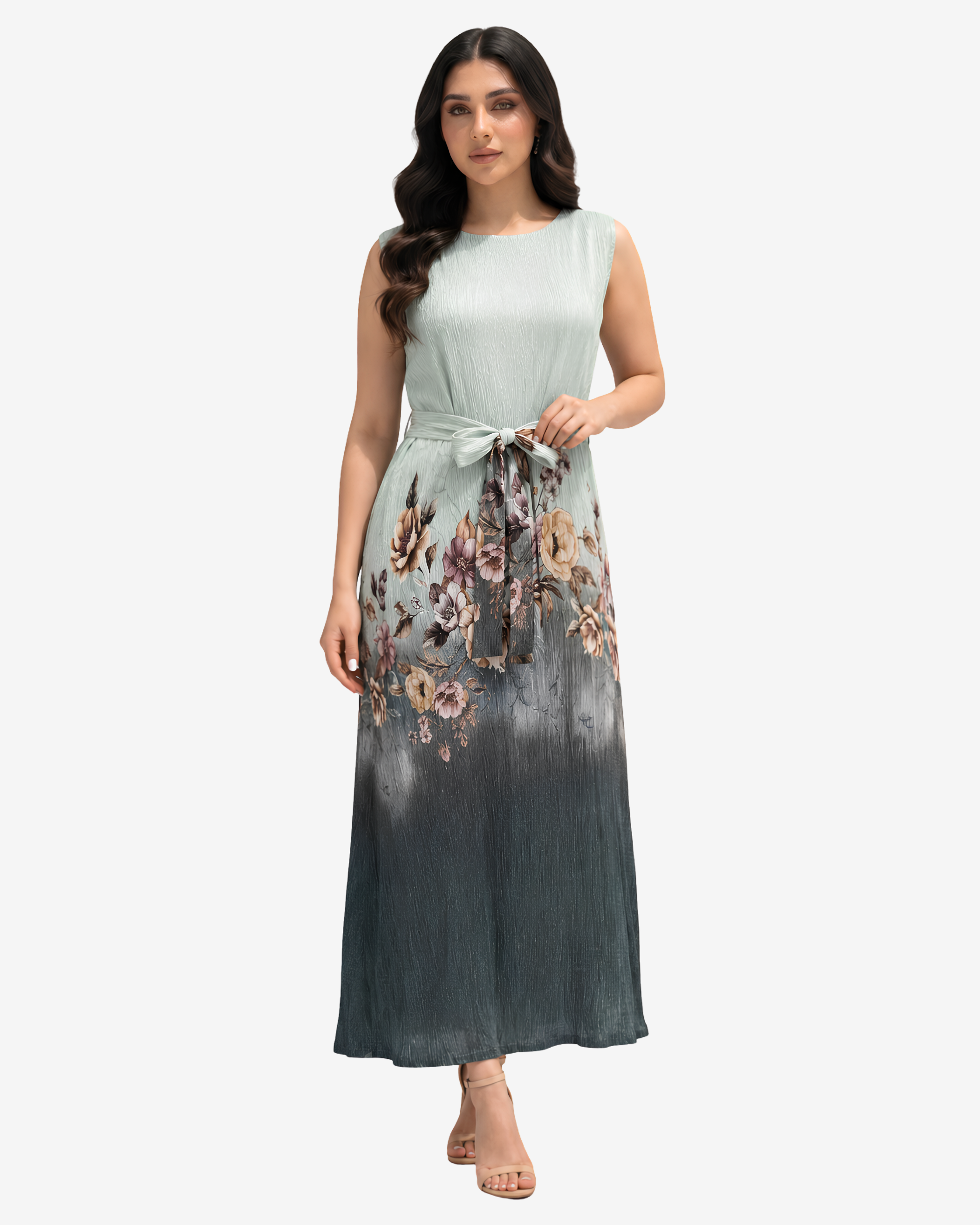 Sleeveless Sage Blossom Velvet Satin Dress with a soft sage green gradient and elegant full-length silhouette.