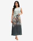 Sleeveless Sage Blossom Velvet Satin Dress with a soft sage green gradient and elegant full-length silhouette.