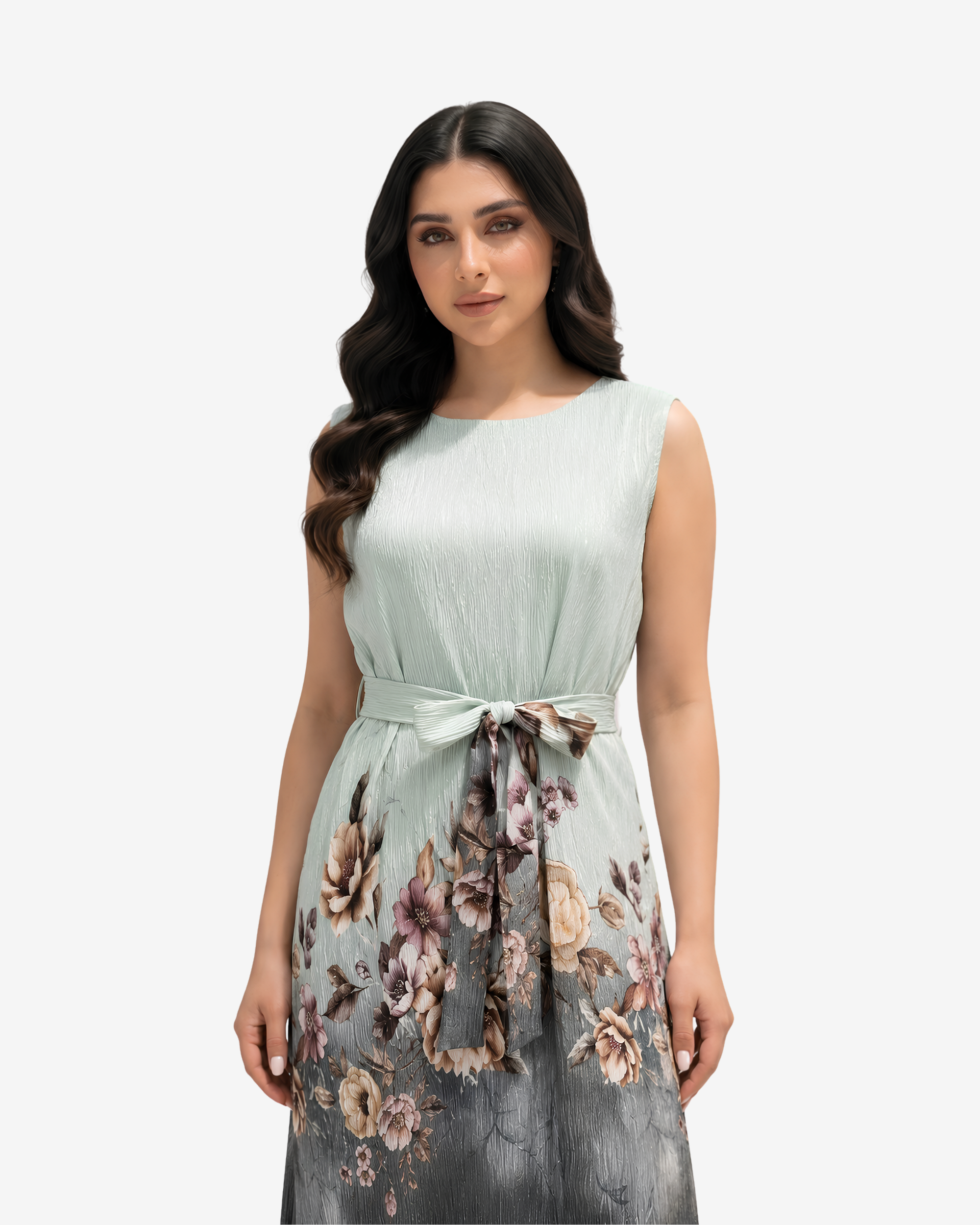 Close-up of the Sage Blossom Velvet Satin Dress highlighting the premium velvet satin fabric and delicate floral print.