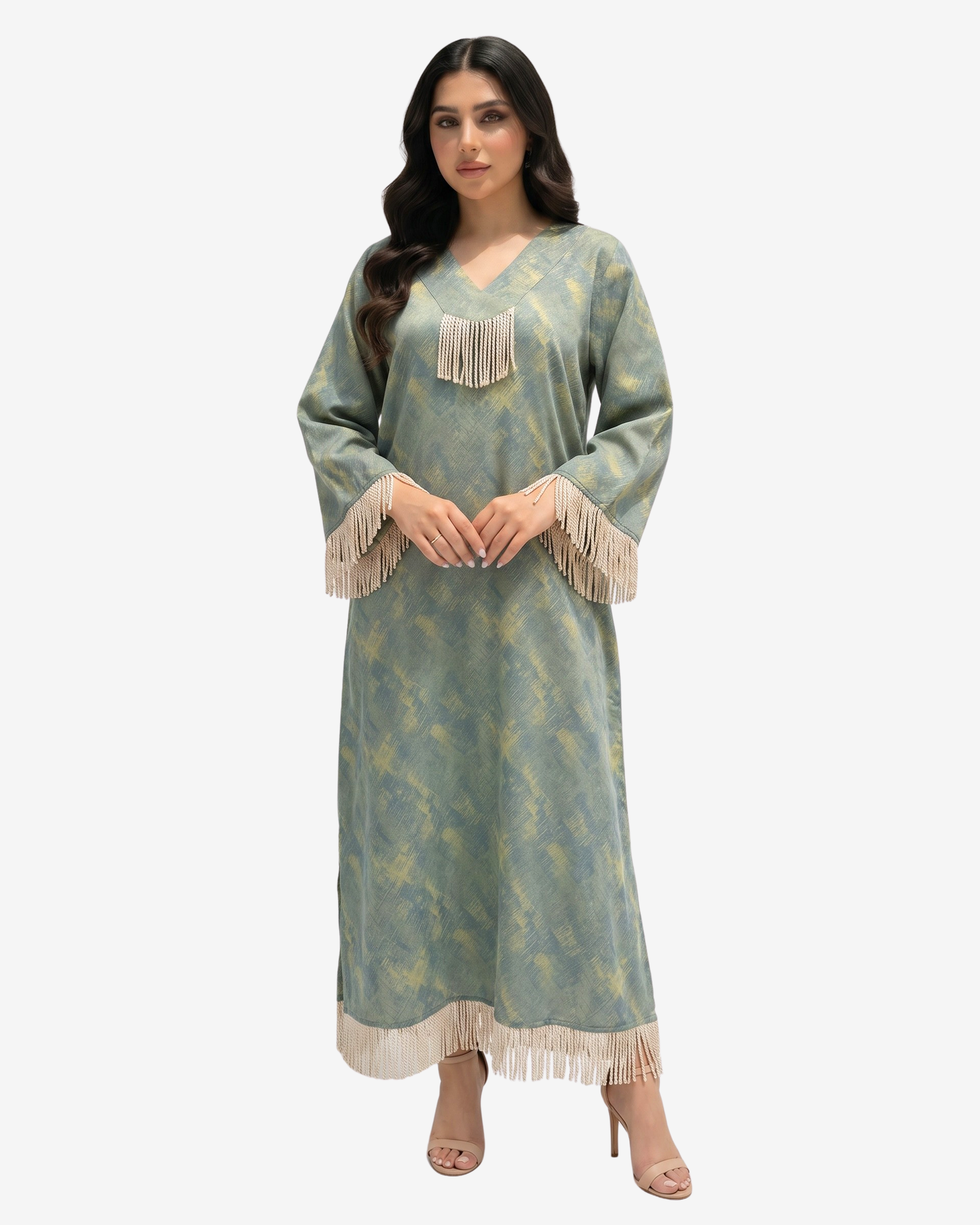 Sage Mirage Fringe Detail Linen Blend Jalabiya by Gharza Couture in sage abstract print with elegant tassel trim.