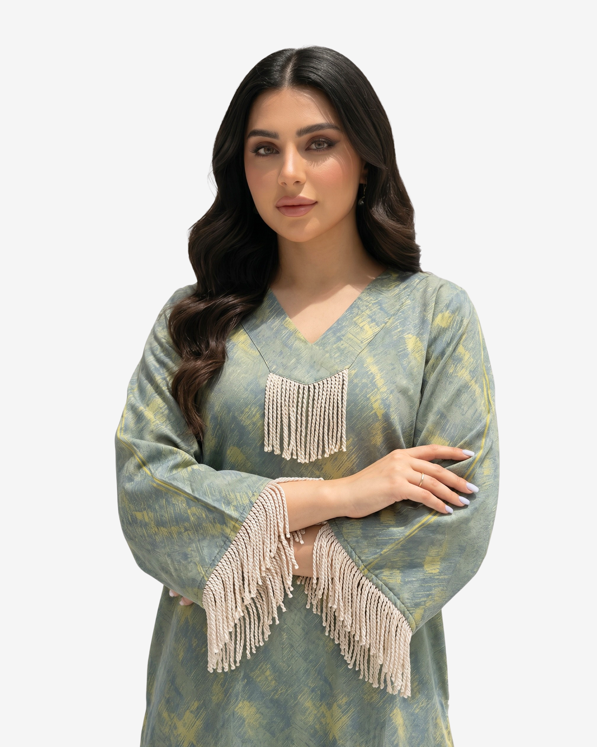 Close-up of the Sage Mirage Fringe Detail Linen Blend Jalabiya highlighting the V-neck tassel embellishment.
