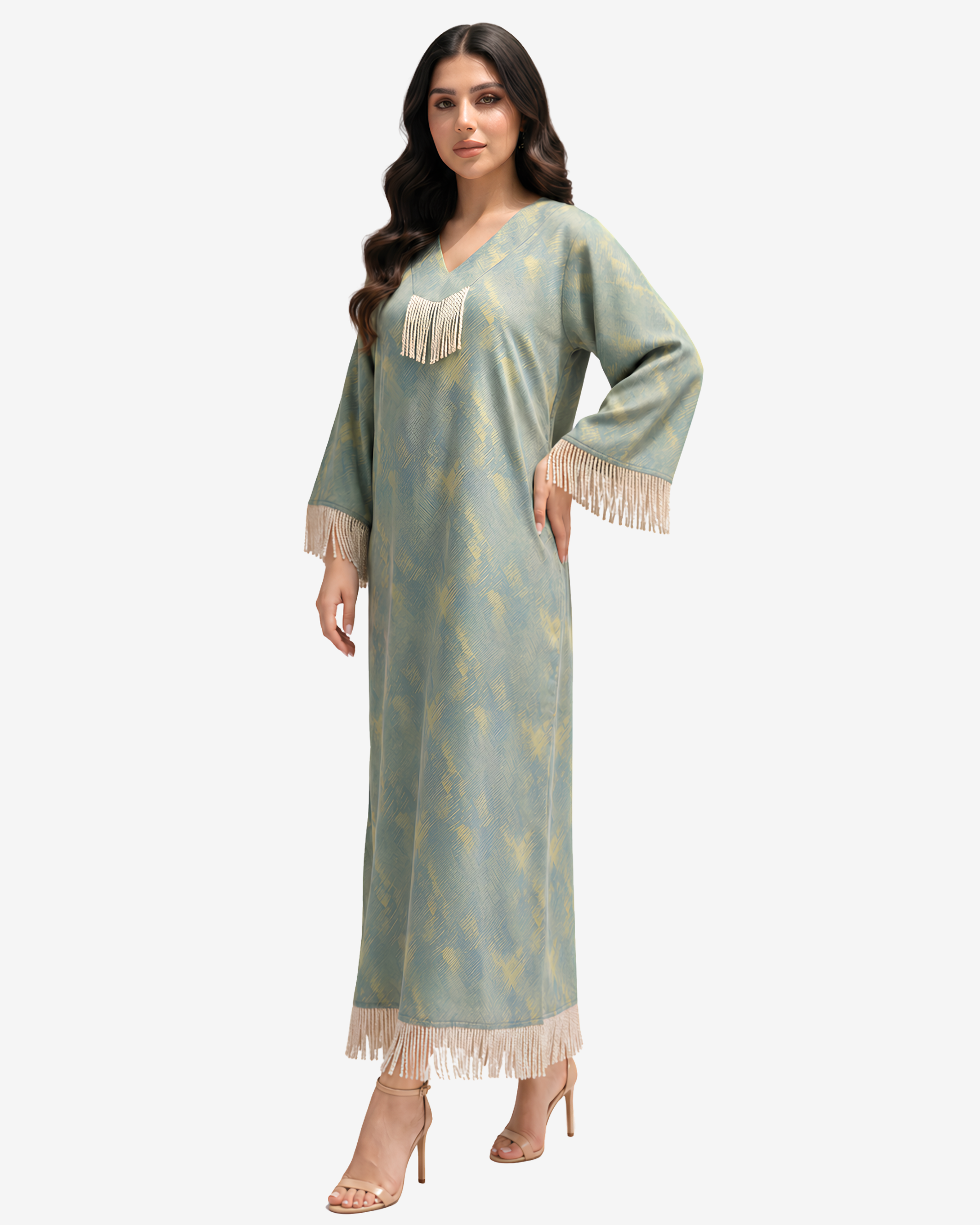 Full-length Sage Mirage Linen Blend Jalabiya with fringe sleeves and hem by Gharza Couture.
