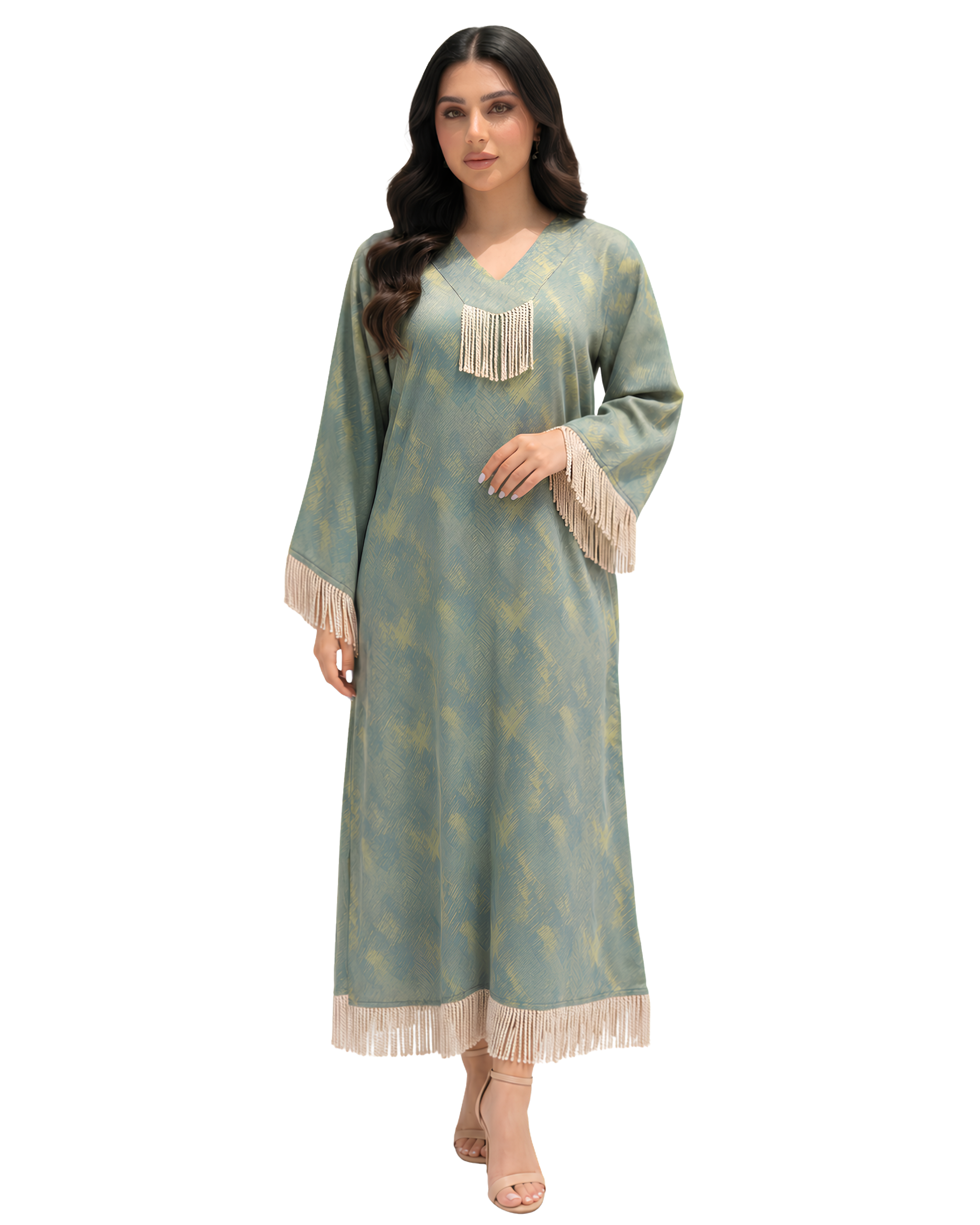 Front view of the Sage Mirage Fringe Detail Linen Blend Jalabiya showcasing the abstract print and tassel details.