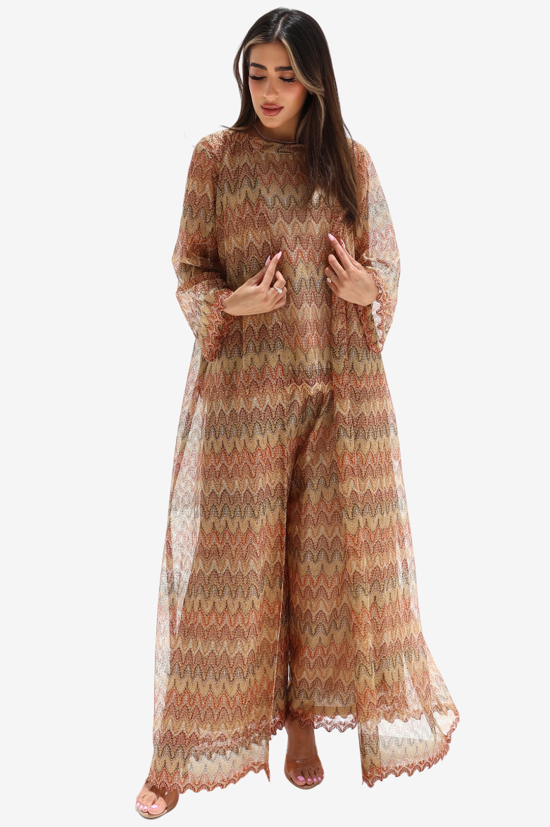 Full-length front view of Sand Mosaic Lace Three-Piece Set by Gharza Couture

