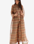 Full-length front view of Sand Mosaic Lace Three-Piece Set by Gharza Couture
