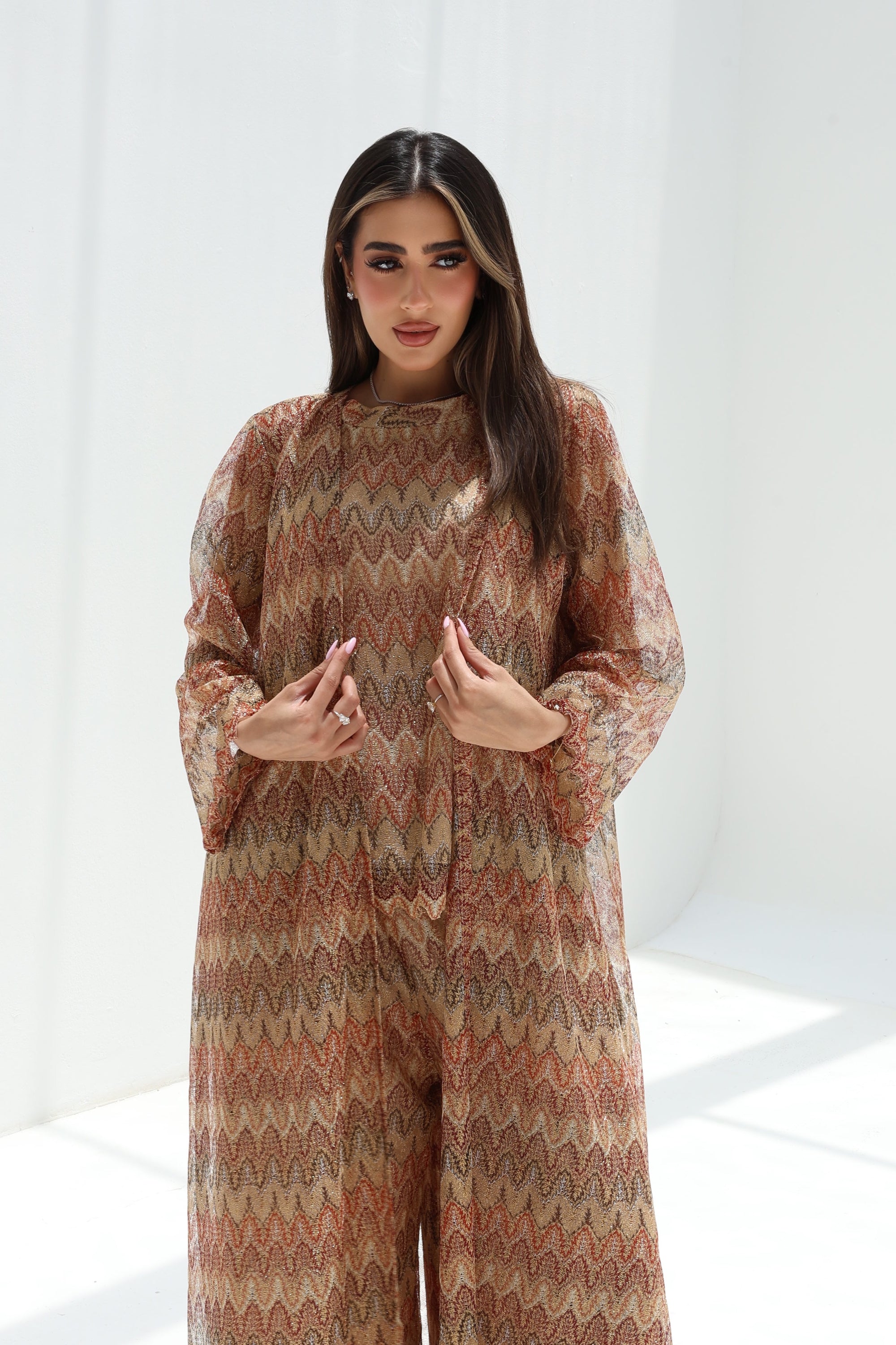 Full-length view of Sand Mosaic Lace Three-Piece Set with a long open outer layer
