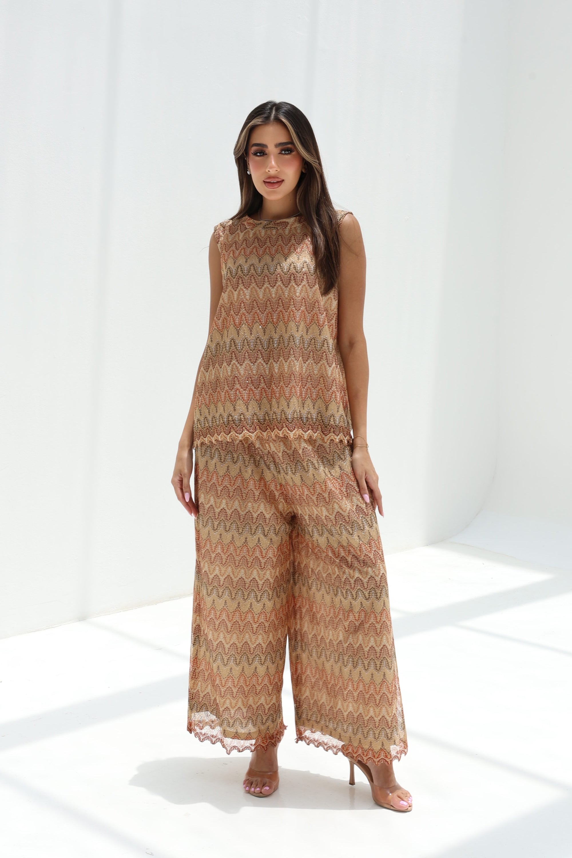 Full-length styled view of Sand Mosaic Lace Three-Piece Set showing its scalloped edging