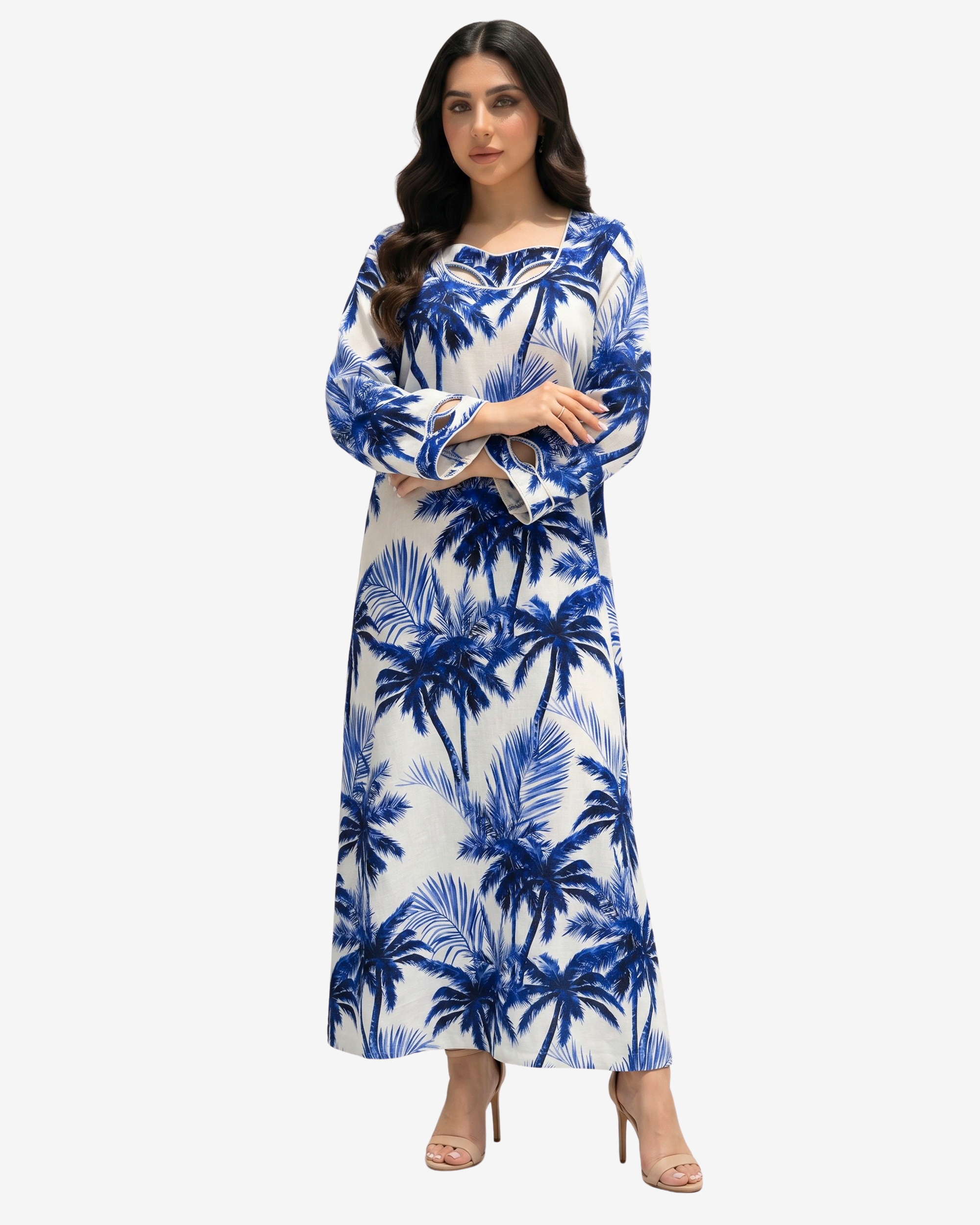 Luxury Sapphire Palm Cutout Neck Linen Jalabiya with sapphire blue botanical palm print by Gharza Couture