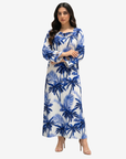 Luxury Sapphire Palm Cutout Neck Linen Jalabiya with sapphire blue botanical palm print by Gharza Couture