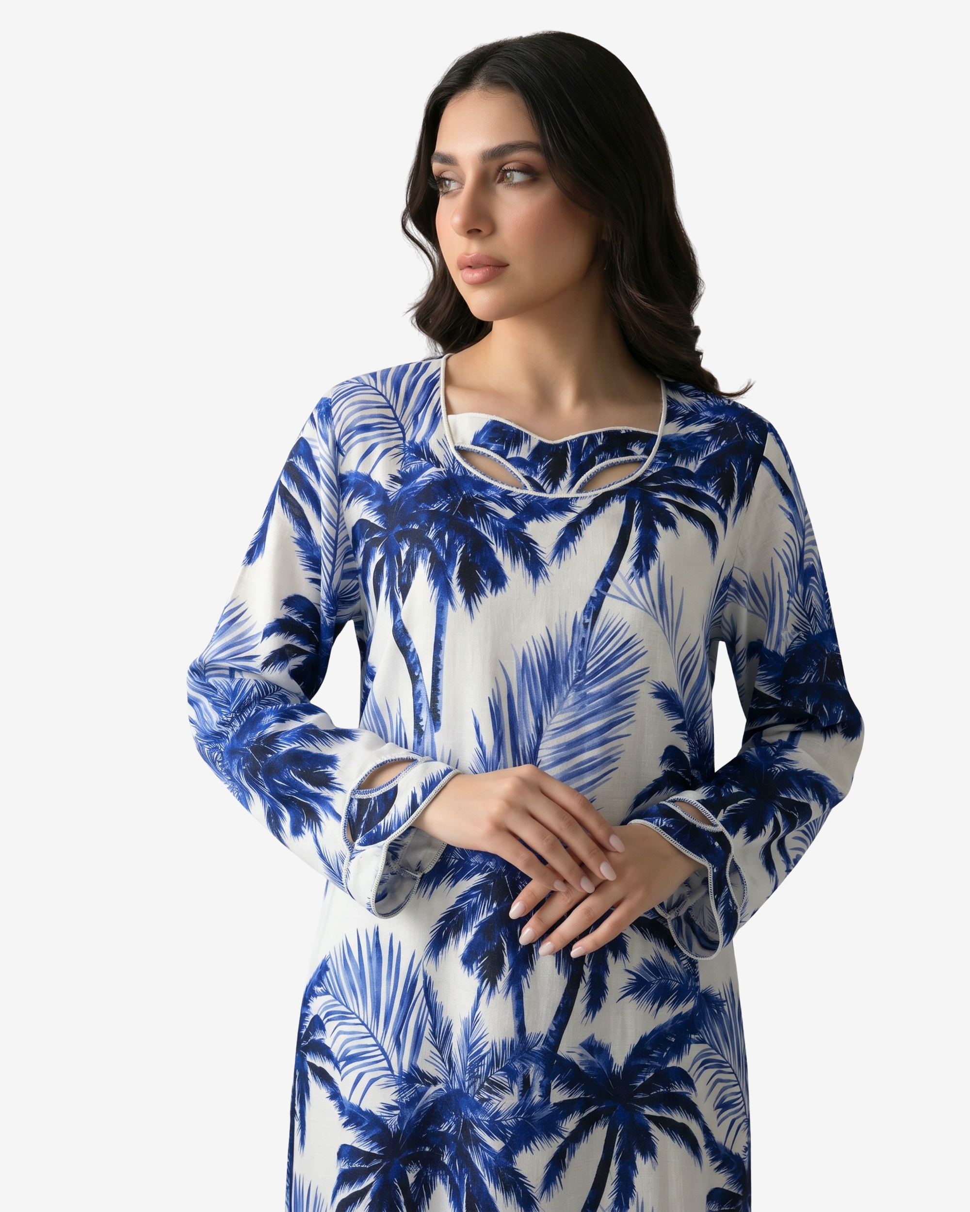 Close-up of Sapphire Palm Cutout Neck Linen Jalabiya highlighting cutout neckline, premium linen fabric and tropical palm print