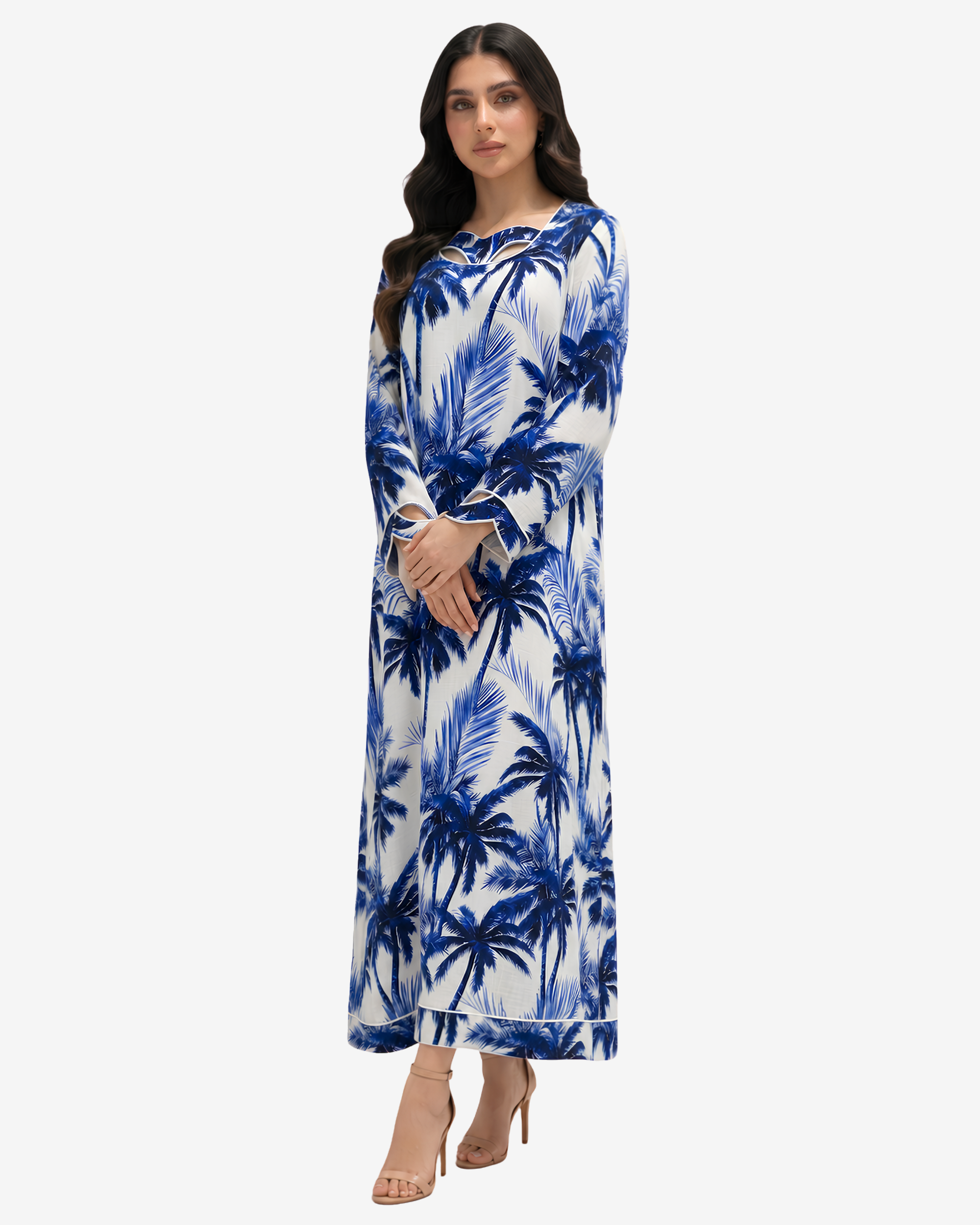 Elegant Sapphire Palm Cutout Neck Linen Jalabiya featuring cutout neckline and flowing modest silhouette