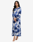 Elegant Sapphire Palm Cutout Neck Linen Jalabiya featuring cutout neckline and flowing modest silhouette