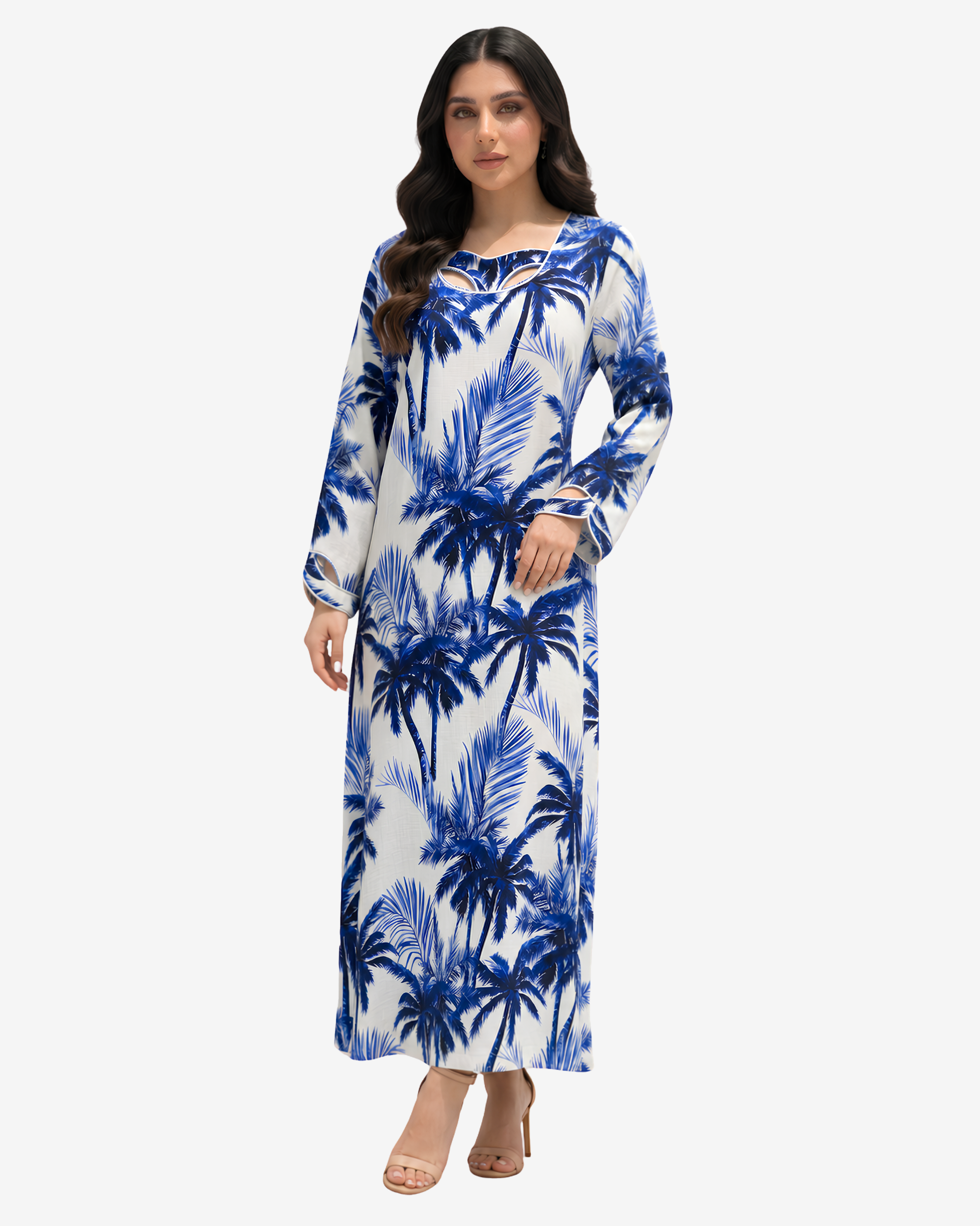 Full-length Sapphire Palm Cutout Neck Linen Jalabiya crafted from premium breathable linen with tropical palm print