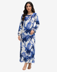 Full-length Sapphire Palm Cutout Neck Linen Jalabiya crafted from premium breathable linen with tropical palm print