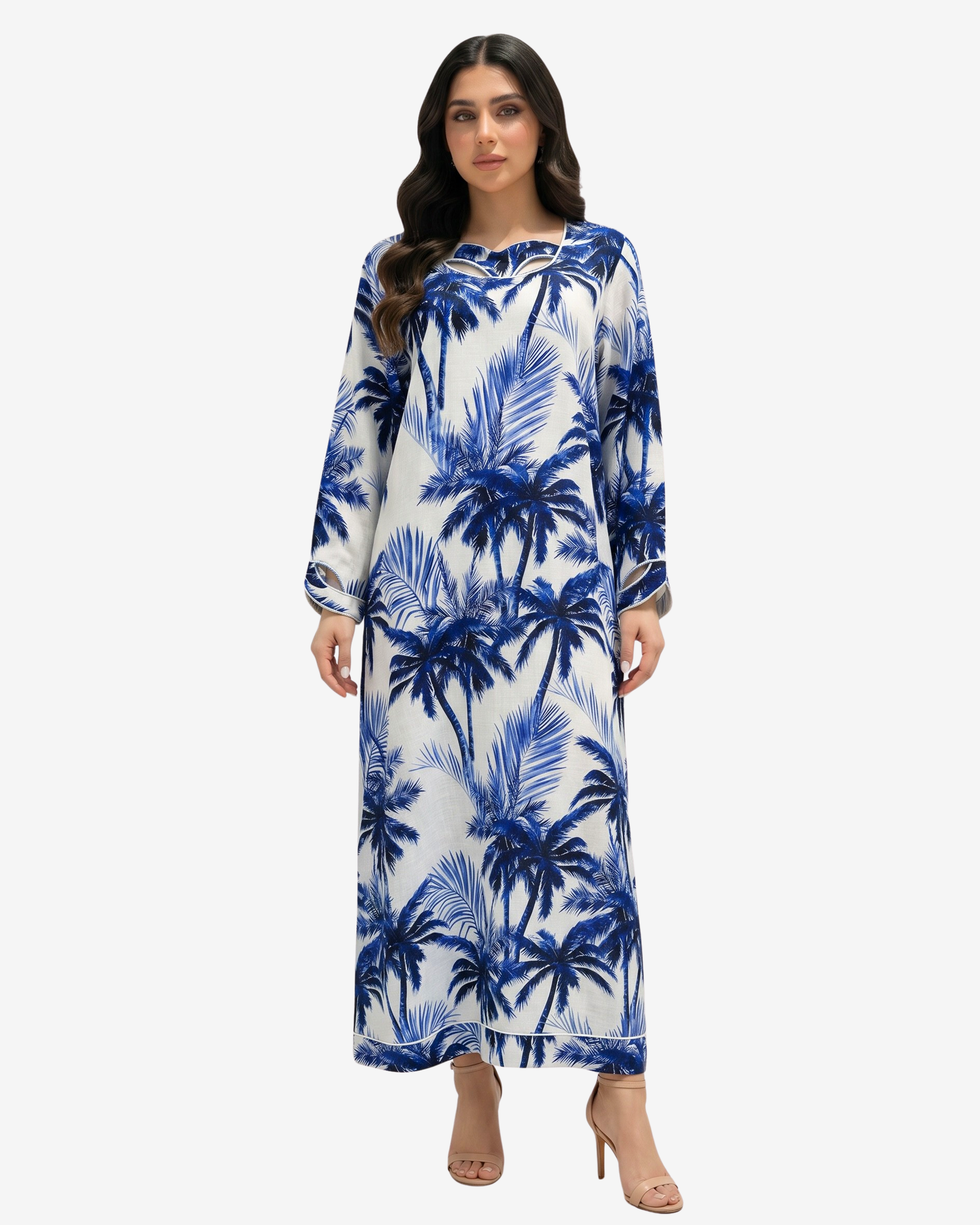 Front view of Sapphire Palm Cutout Neck Linen Jalabiya in ivory with sapphire blue tropical palm print by Gharza Couture