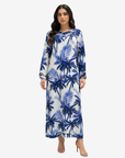 Front view of Sapphire Palm Cutout Neck Linen Jalabiya in ivory with sapphire blue tropical palm print by Gharza Couture