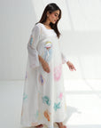 Side view of Seashell Embellished Linen Blend Jalabiya showing flowing full-length silhouette