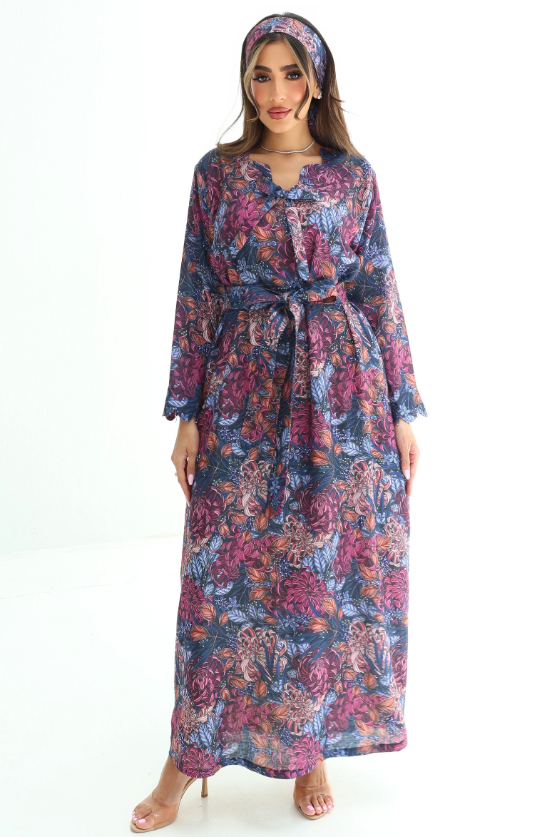 Secret Garden Belted Hand Embellished Linen Blend Dress with botanical floral print