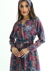 Close-up of chrysanthemum floral print on Midnight Chrysanthemum Embellished Linen Blend Jalabiya