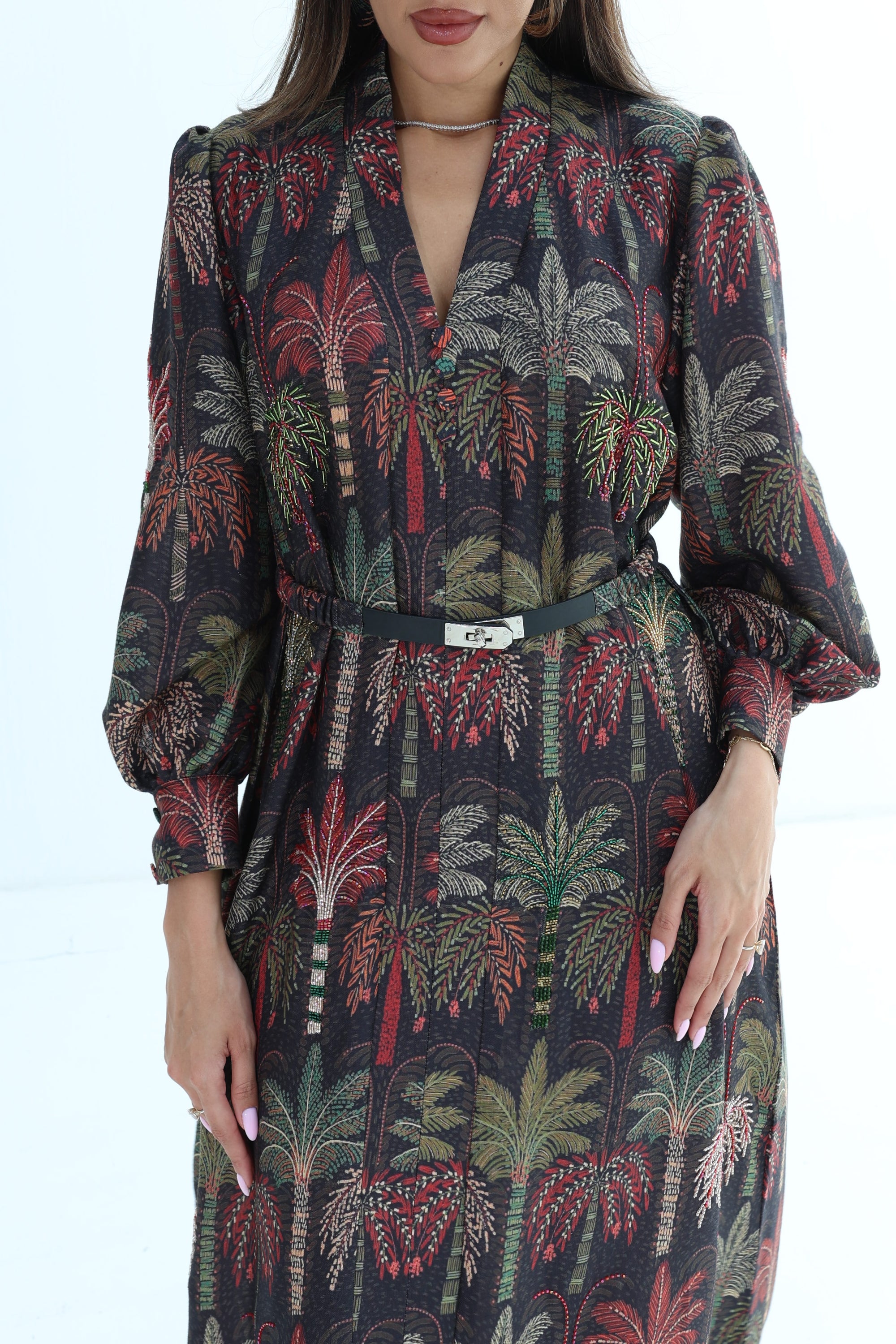 Dark Signature Linen Blend Dress showing hand embellishment, botanical print and waist belt