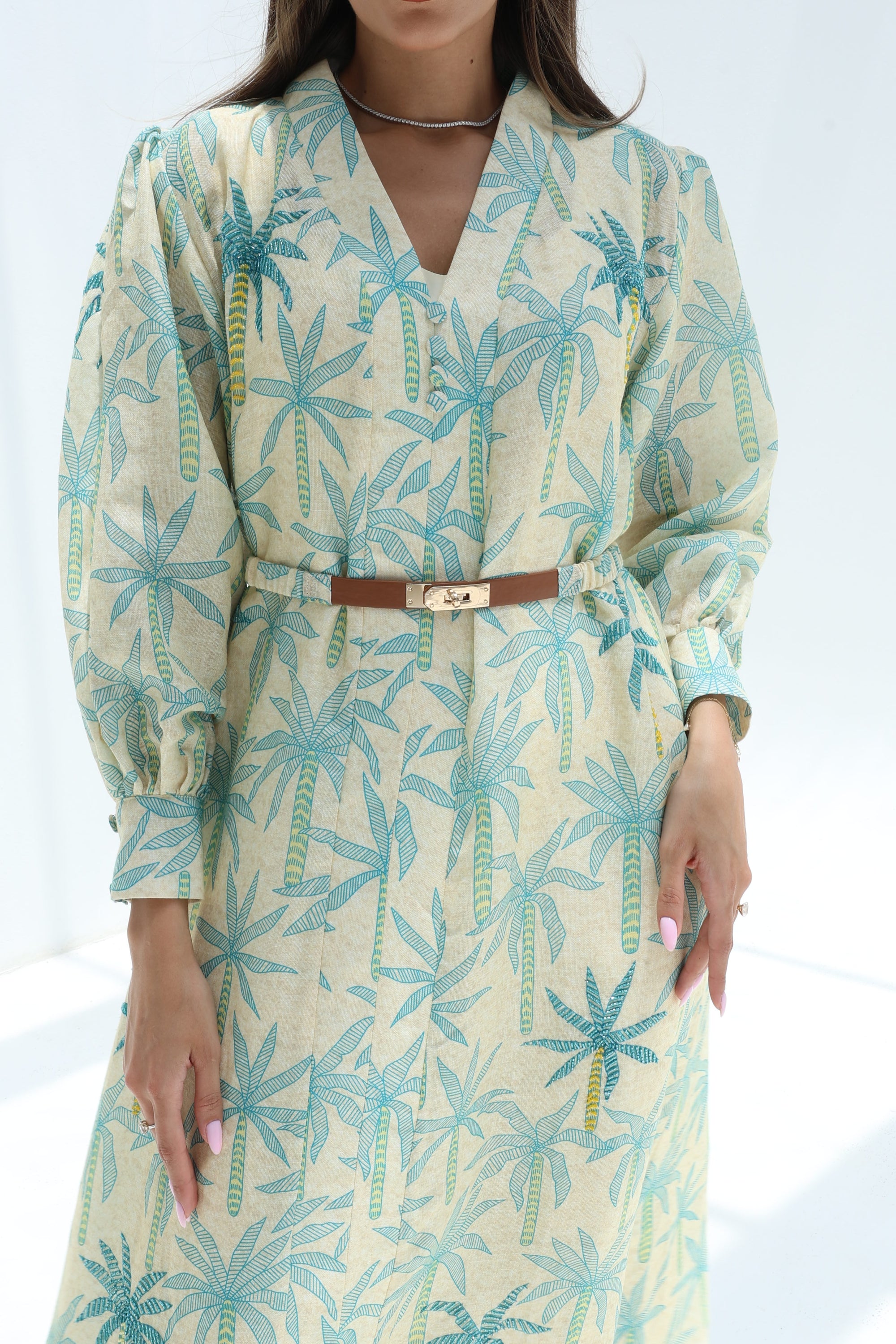 Mint Signature Linen Blend Dress showing botanical print, collar and coordinating waist belt
