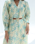 Mint Signature Linen Blend Dress showing botanical print, collar and coordinating waist belt