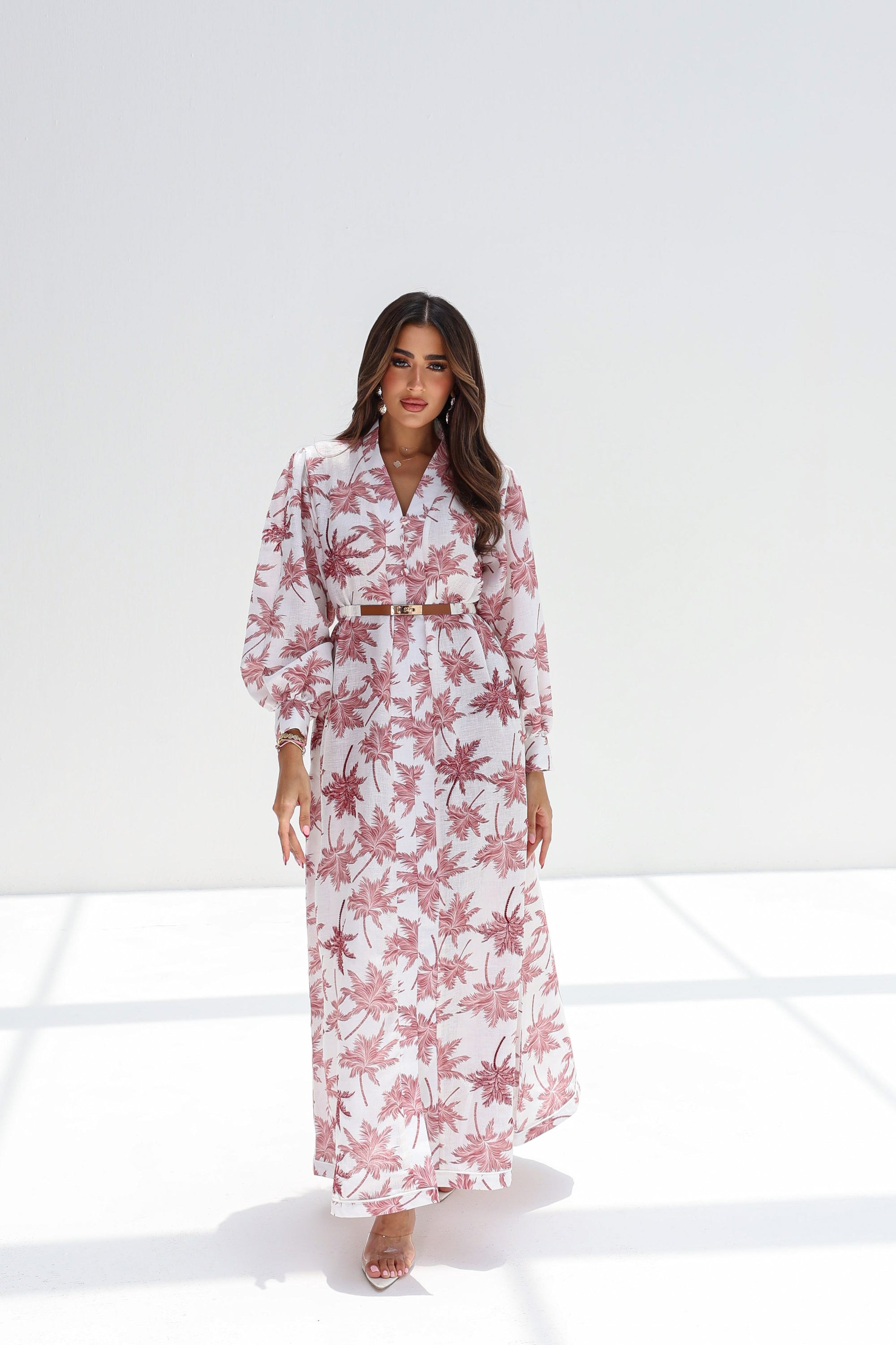 Full-length white and rose Signature Hand Embellished Linen Blend Dress