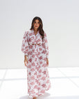 Full-length white and rose Signature Hand Embellished Linen Blend Dress