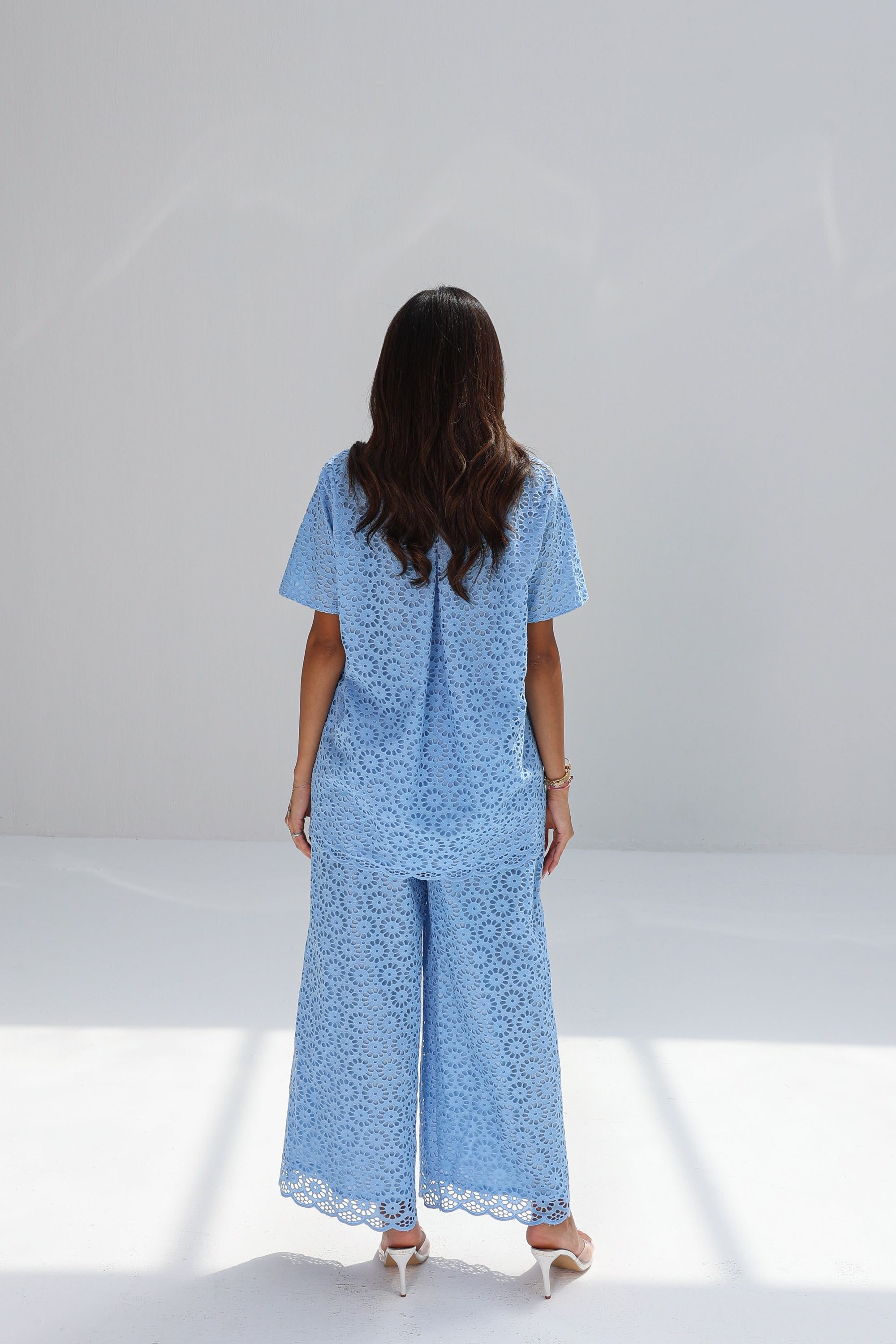 Back view of Sky Blossom Cotton Lace Co-ord Set with wide-leg trousers