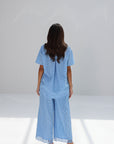 Back view of Sky Blossom Cotton Lace Co-ord Set with wide-leg trousers