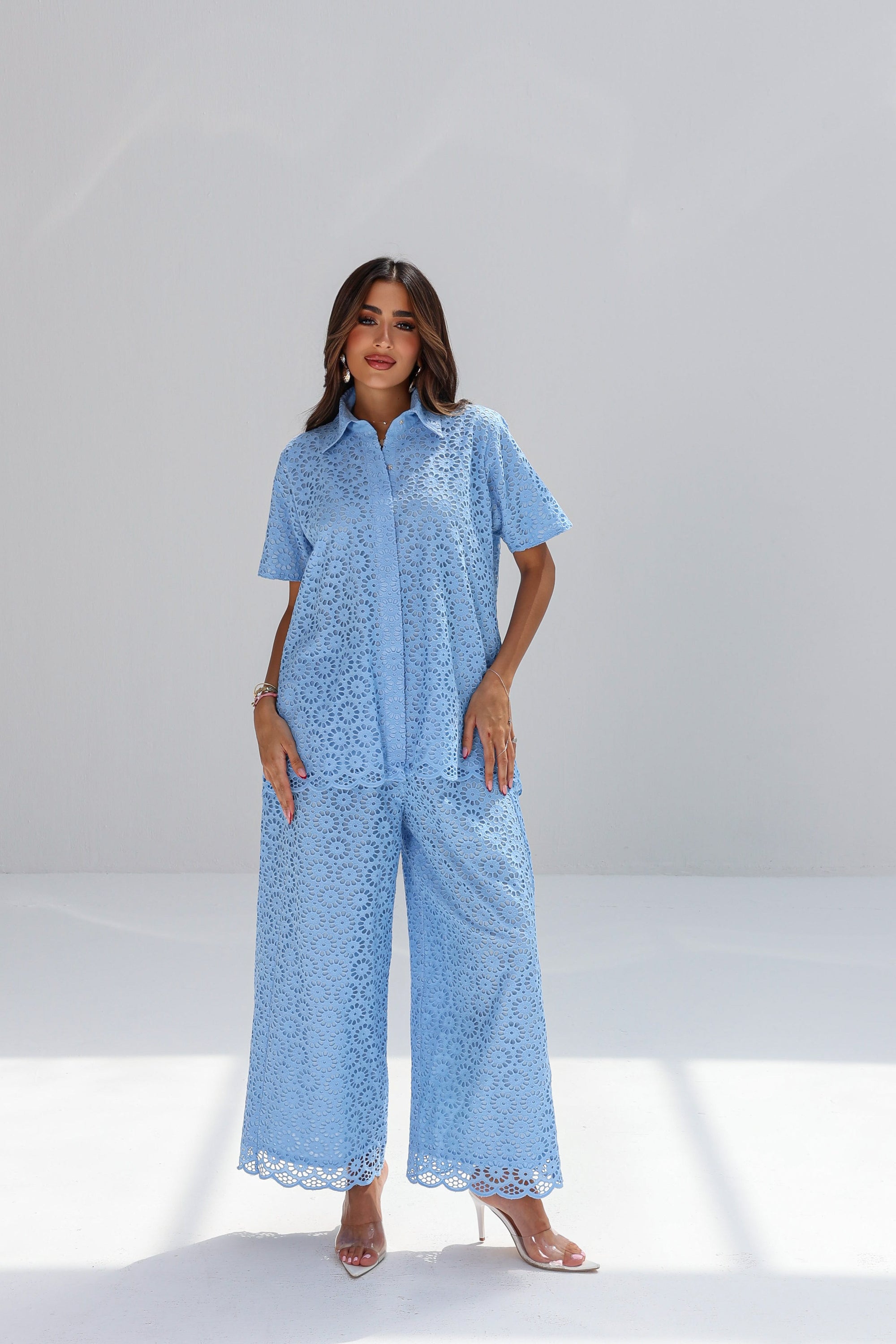 Full-length Sky Blossom Cotton Lace Co-ord Set in sky blue floral lace
