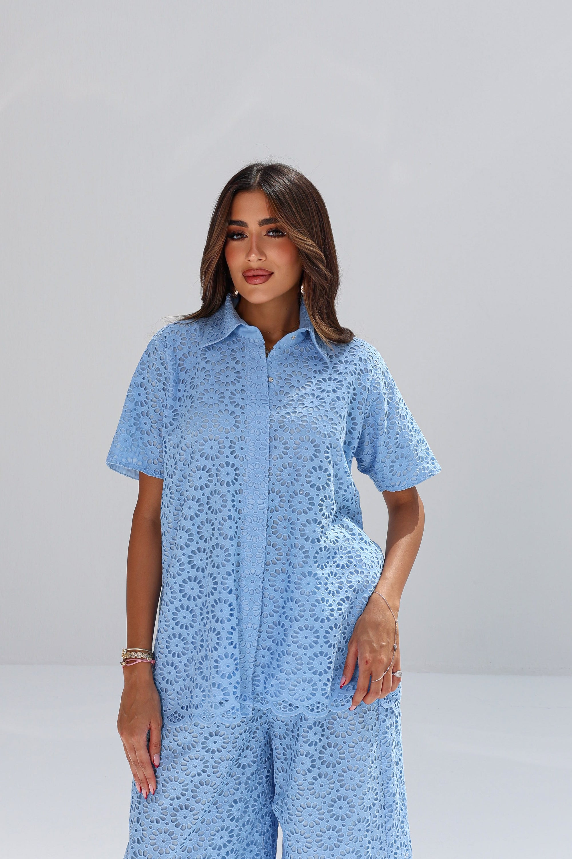 Upper-body view of Sky Blossom Cotton Lace Co-ord Set showing collar and floral lace detail