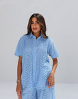 Upper-body view of Sky Blossom Cotton Lace Co-ord Set showing collar and floral lace detail