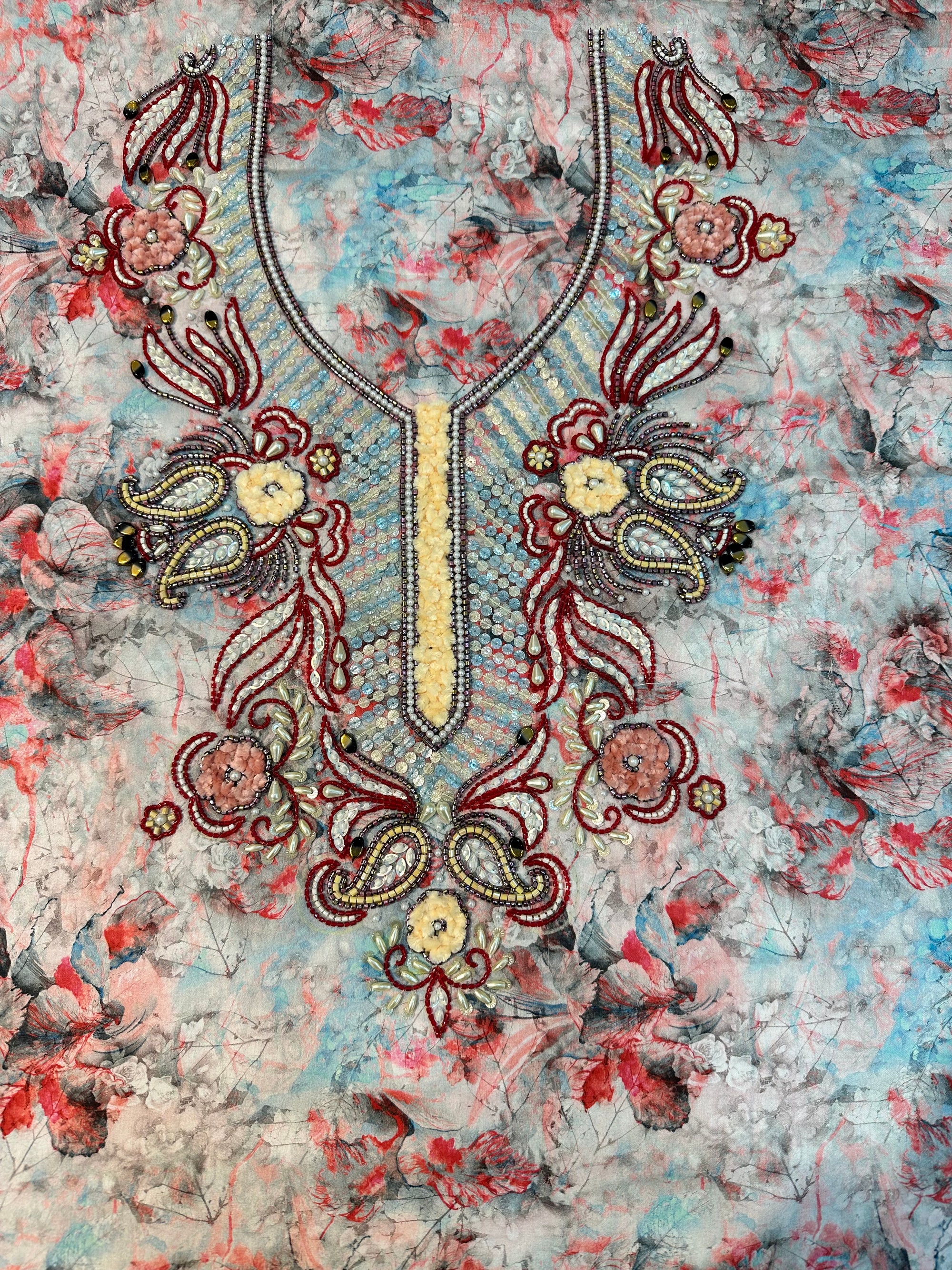 Sky Watercolor Floral Cotton Mukhawar featuring premium printed cotton with a luxurious hand-embellished front and soft watercolor floral print by Gharza Couture.